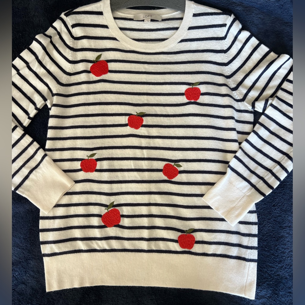 LOFT Striped Sweater with Red Apple Details
